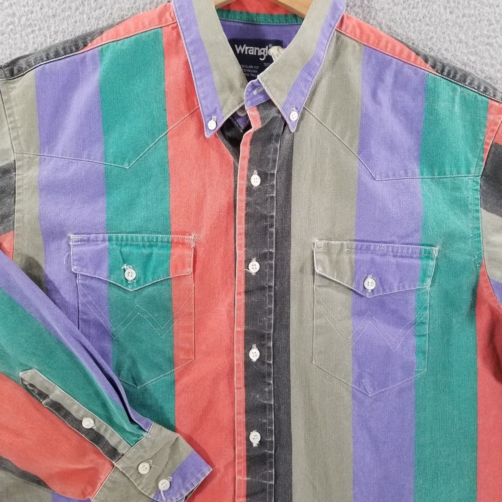 Vtg Wrangler Brushpopper Shirt Large 16.5 Western Rodeo Cowboy Wide Striped 90s